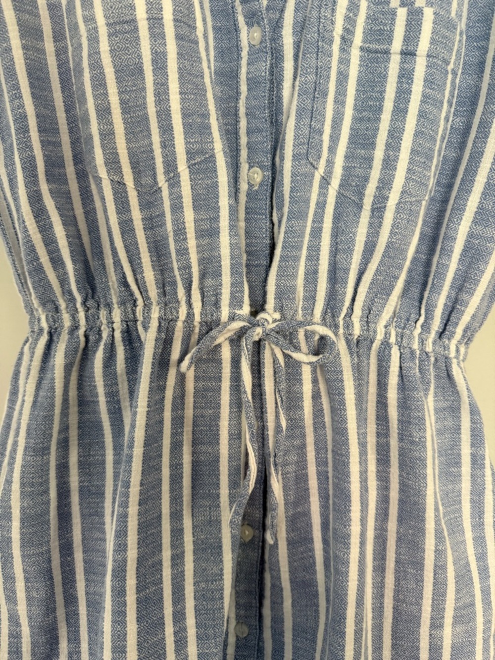 Blue White Button-up Swim Cover-up Dress 100% Cotton Collared Pockets Large Prep - Picture 4 of 13